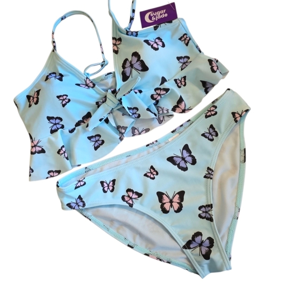 🆕️ Sugar & Jade 2-Pc. Butterfly Ruffle Tie Bikini, Blue, Girls Size L (12/14)